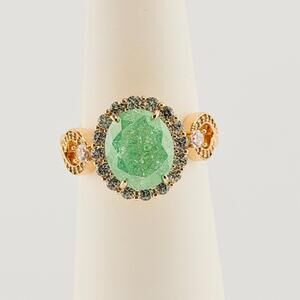 Bomb Party Ring Sz 10 "The 2424 Unicorn"Pale Green Ice Crystal on Yellow Gold